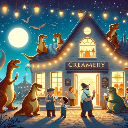 Gelatosaurs book sample page dinosaurs and people celebrate together with ice cream